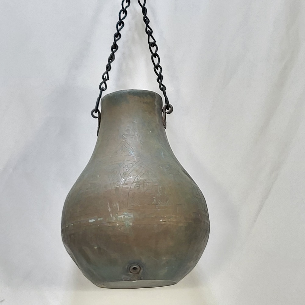 Antique Syrian Hand Etched Copper Hanging Vessel Pot Patina Syria 11.5 Inch - Picture 5 of 16